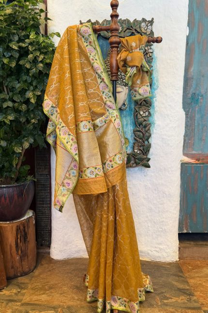 Mustard Kota Tissue Floral Jaal Weave Paithani Border Saree with Unstitched Blouse