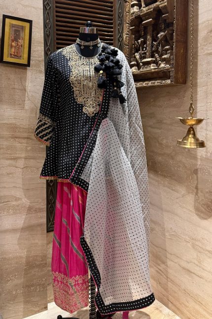 Black Bandhani Printed Embroidered Yoke Short with Salwar & Dupatta