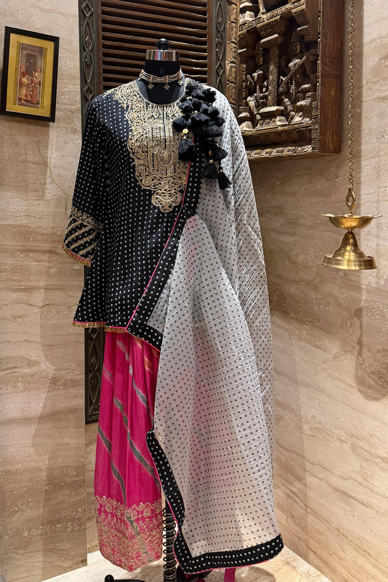 1 Black Bandhani Printed Embroidered Yoke Short with Salwar & Dupatta - Image 1