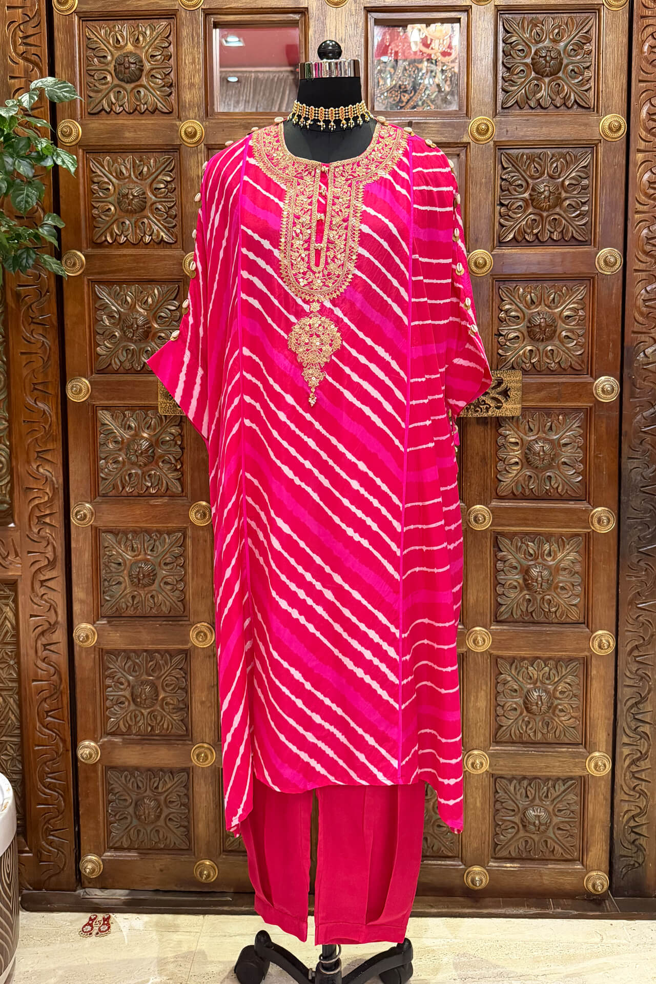 1 Pink Leheriya Printed Embroidered Yoke Kaftan With Pants - Image 1