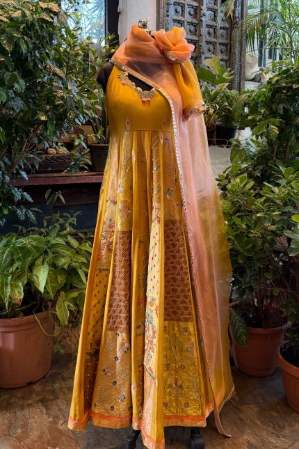 Mustard Yellow Banarasi Multi-Embroidered Panel Anarkali Set