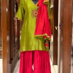Olive Green Embroidered V-Neck Short Kurta with Red Farshi Salwar & Duppata