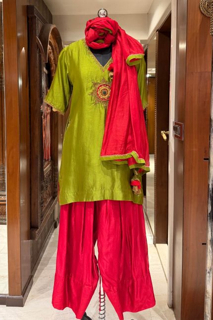 Olive Green Embroidered V-Neck Short Kurta with Red Farshi Salwar & Duppata