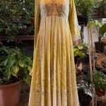 Lime Yellow V-Neck Lucknowi Embroidered Multi-panel Anarkali with Pant & Dupatta