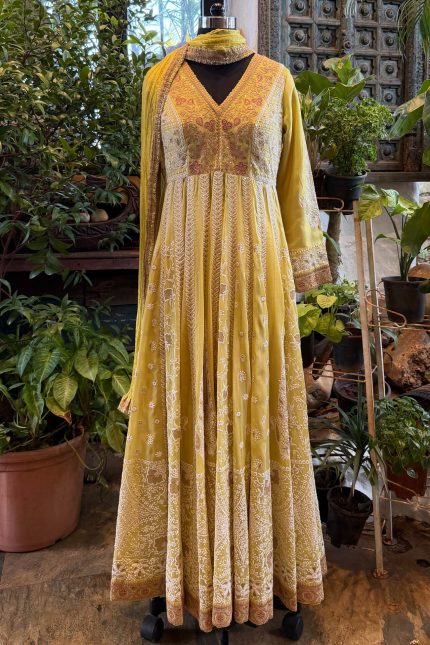 Lime Yellow V-Neck Lucknowi Embroidered Multi-panel Anarkali with Pant & Dupatta