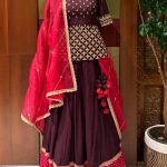 Brown & Red Border Skirt with Blouse & Dupatta