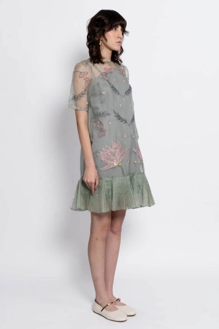 Sage Green Silk Organza Bead Embroidered Dress