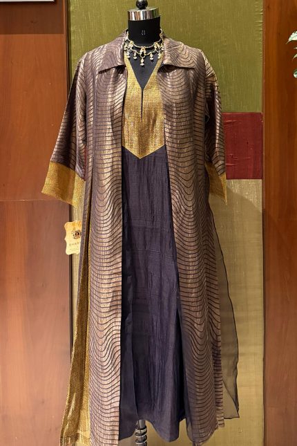 Black & Gold Yoke Kurta With Organza Banarasi Jacket