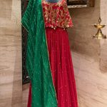 Red Embroidered Top With Butti Embroidered Red Skirt & Green Dupatta