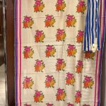 Beige Floral Pink Stripped Printed Saree With Unstitched Blouse
