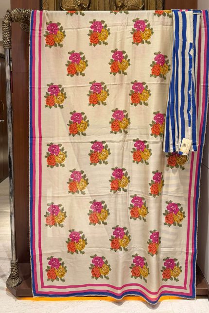 Beige Floral Pink Stripped Printed Saree With Unstitched Blouse