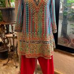 Blue & Red Printed Gold Eembroidered Yoke Kurta With Salwar