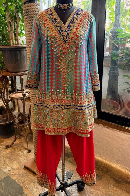 Blue & Red Printed Gold Eembroidered Yoke Kurta With Salwar