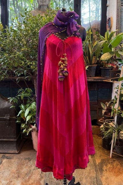 Pink Leheriya Printed Spaghetti Kurta with Pants & Purple Dupatta