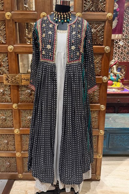 Black Bandhani Printed Embroidered Long Jacket with Grey Kurta & Churidar