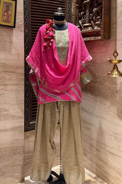 Pink Leheriya Printed Embroidered Yoke Short kurta with Salwar & Dupatta
