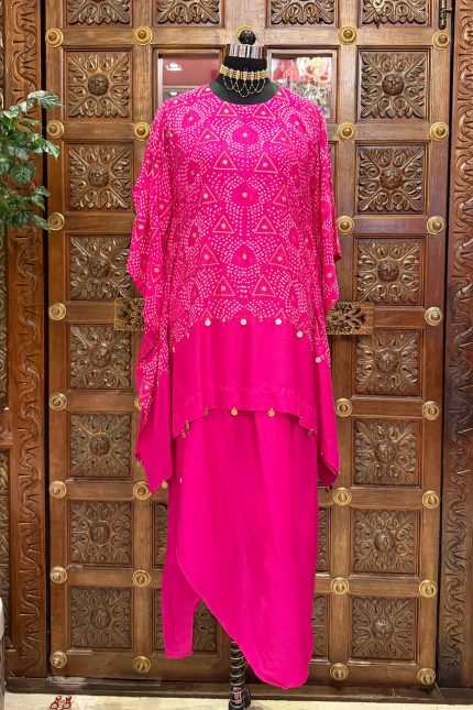 Pink Short Bandhani Printed High-Low Kaftan with Flap Dhoti