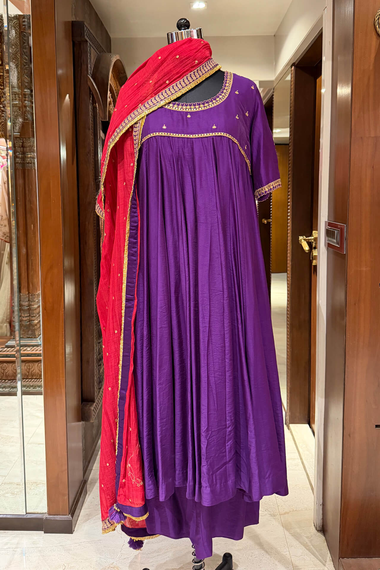 2 Purple Yoke Gathered Kurta with Pants & Red Highlighted Dupatta - Image 1