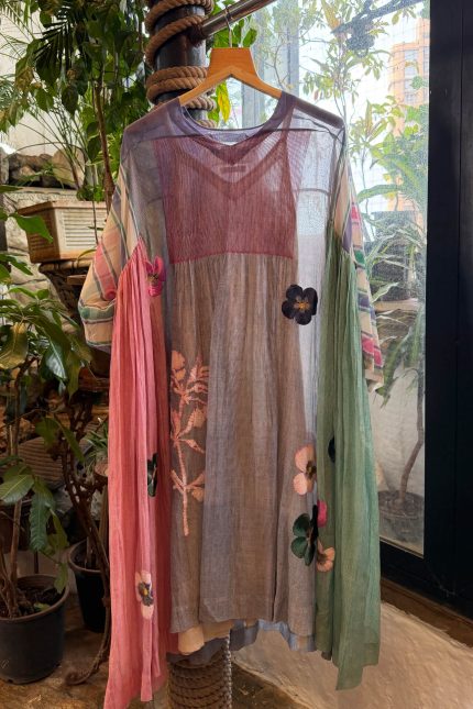 Multicolour Gathered Stripped Floral Applic Dress