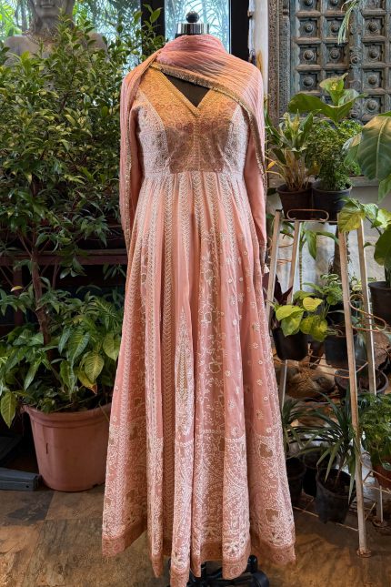 Peach V-Neck Lucknowi Embroidered Multi-panel  Anarkali with Pant & Dupatta
