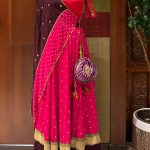 Fuchsia Pink Highlighted Skirt with Blouse & Dupatta