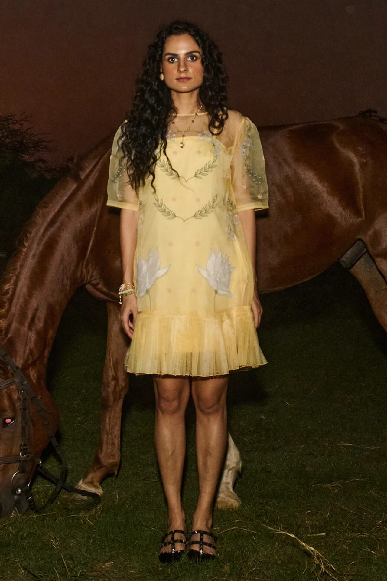2C Yellow Crepe & Organza Floral Dress - Image 1