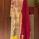 Beige Embroidered Kurta With Yellow Pant & Maroon Dupatta