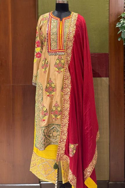 Beige Embroidered Kurta With Yellow Pant & Maroon Dupatta
