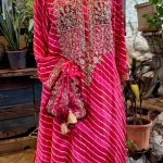 Rust Red & Pink Embroidered Yoke Kurta With Harem Pant & Potli