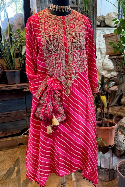 Rust Red & Pink Embroidered Yoke Kurta With Harem Pant & Potli