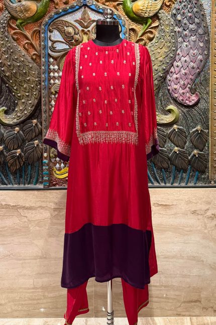 Red Square Neck Embroidered Yoke with Purple Border Kurta Set