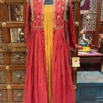 Red Bandhani Printed Embroidered Long Jacket with Yellow Kurta & churidar
