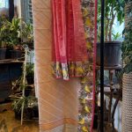 Off-white Cross-Striped with Grey-Yellow Bird Border Saree with Unstitched Blouse