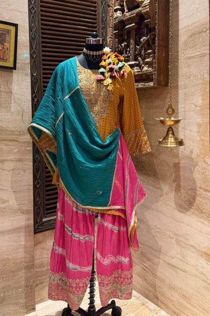 Yellow Bandhani Printed Embroidered Yoke Short Kurta with Salwar & Dupatta.