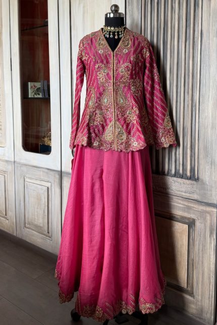 Pink Heavy Floral & Paisley Embroidered Peplum with Flared Palazzos