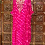 Pink Checks Printed Embroidered Yoke Kaftan with Pants