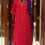 Red V-Neck Embroidered Butti Long Kurta with Green Pants & Purple Dupatta