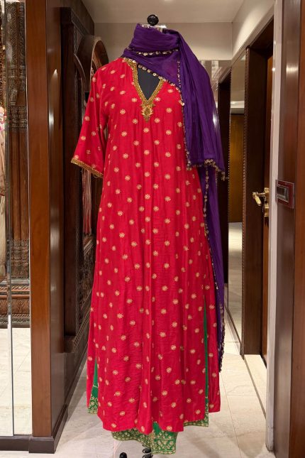 Red V-Neck Embroidered Butti Long Kurta with Green Pants & Purple Dupatta