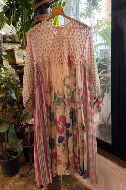 Off-white Smoking Yoke with Side Multi Stripped Floral & Polka Dot Printed Dress
