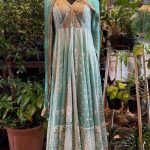 Powder Blue V-Neck Lucknowi Embroidered Multi-panel Anarkali with Pant & Dupatta