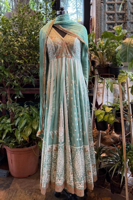 Powder Blue V-Neck Lucknowi Embroidered Multi-panel Anarkali with Pant & Dupatta