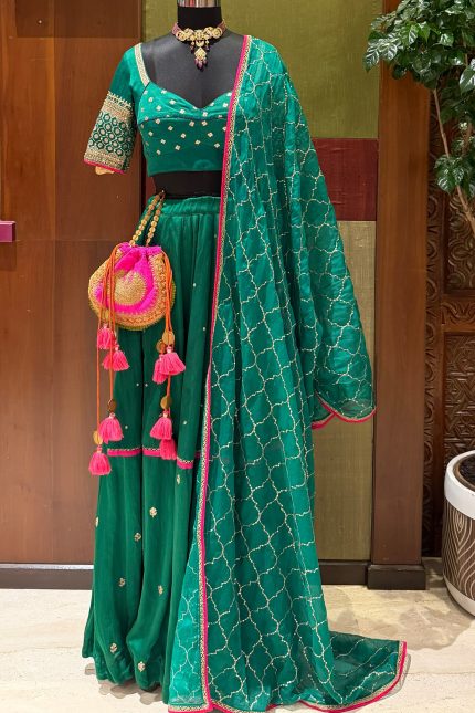 Leaf Green Highlighted Skirt with Blouse & Dupatta