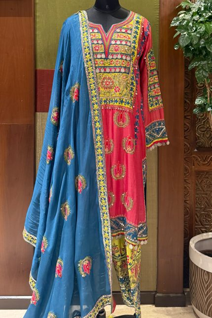 Pink & Yellow Embroidered Yoke Kurta with Lime Green Pant & Blue Dupatta
