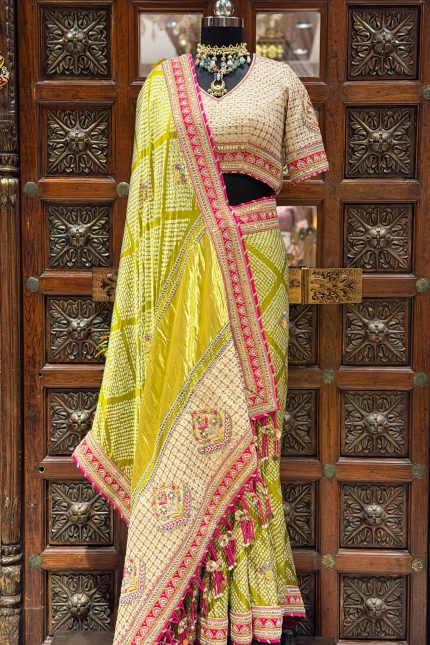 Pista Green Embroidered Bandhani Saree with Ivory Blouse