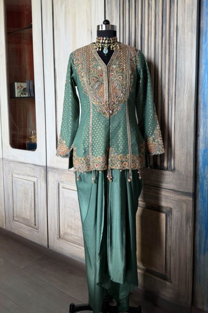 Teal Blue Heavy Embroidered Yoke Banarasi Short Top with Drape Skirt