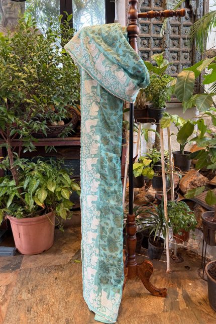 Sky Blue Floral Printed Highlighted Border Saree