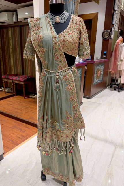 Sage Green Tissue Heavy Tassel Saree with Blouse