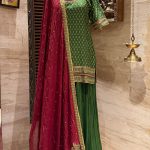 Green Paisley Embroidered Short Kurta With Sharara & Maroon Dupatta