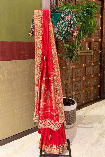 Red Heavy Zardosi Embroidered Border with Highlighted Paithani Pallu Saree