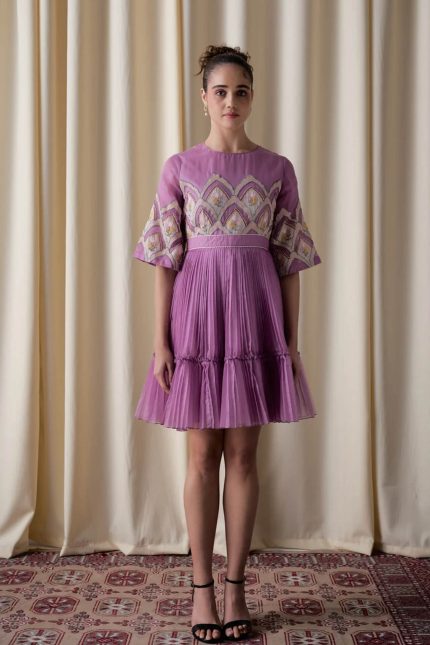 Purple Silk Organza Hand Embroidered Dress